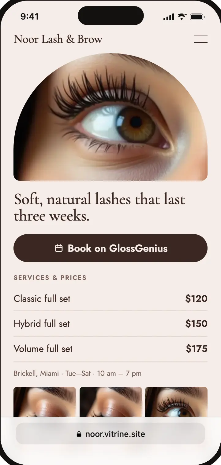 Complete mobile website generated for @noor.lashstudio